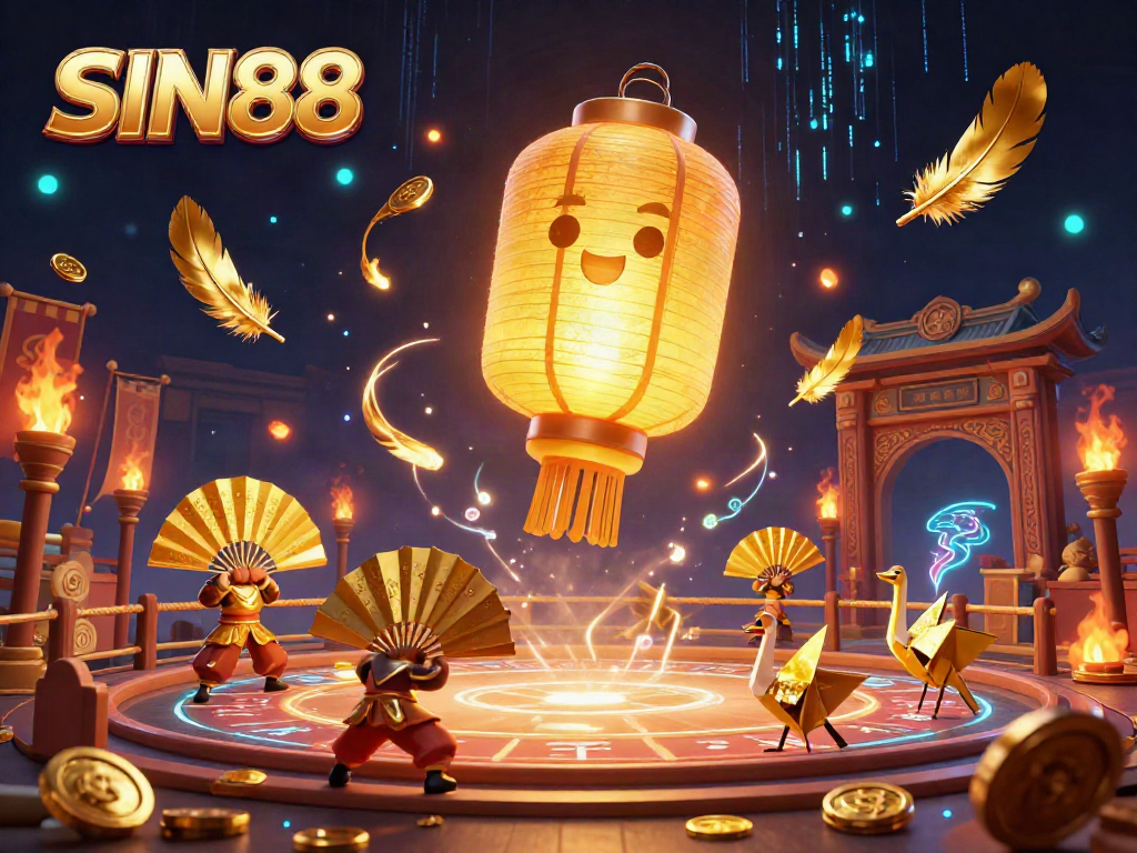 SIN88 casino scene with a glowing golden lantern spirit and paper fan warriors amidst dynamic gaming elements.