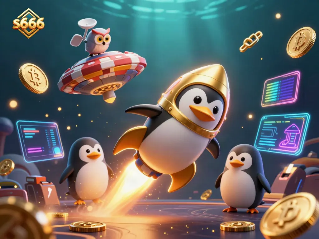 Experience thrilling gaming with s666 as a golden penguin zooms toward a casino space station, surrounded by glowing crypto coins.