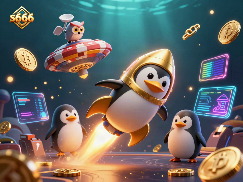Experience thrilling gaming with s666 as a golden penguin zooms toward a casino space station, surrounded by glowing crypto coins.
