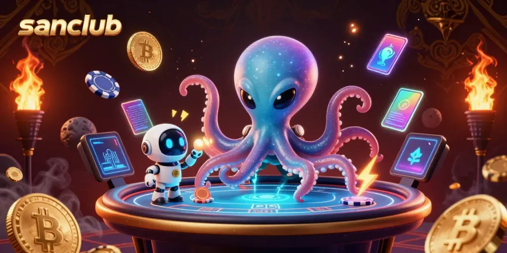 Engage in thrilling gameplay with sanclub, featuring an alien octopus at a holographic poker table.