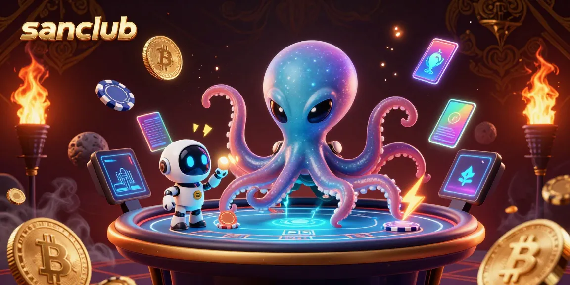 Engage in thrilling gameplay with sanclub, featuring an alien octopus at a holographic poker table.