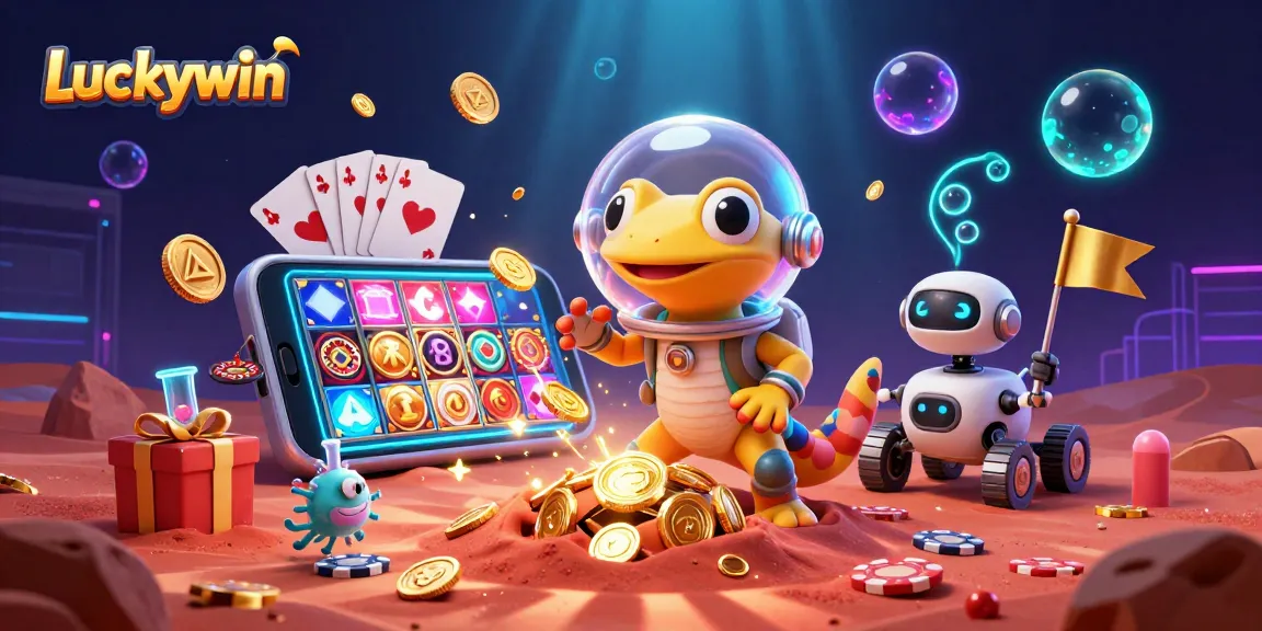Luckywin casino scene featuring a Martian gecko exploring a golden casino with dynamic gaming elements.