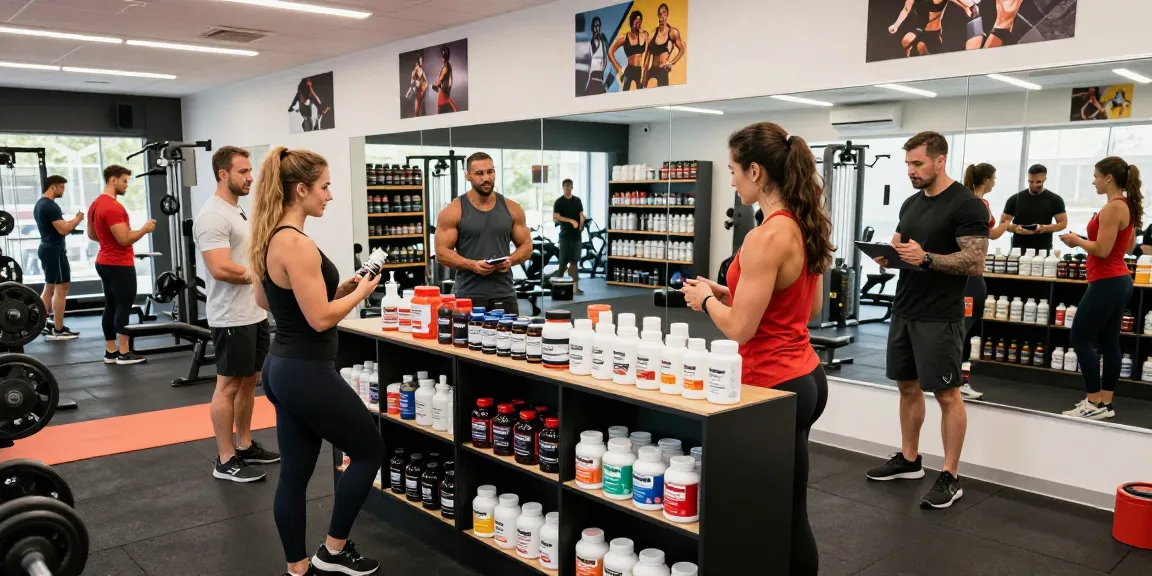 Dynamische Diskussion über anabole Produkte im Anabolika Shop Deutschland, mit Bodybuildern und Fitnessausrüstung in einem lebhaften Fitnessstudio.