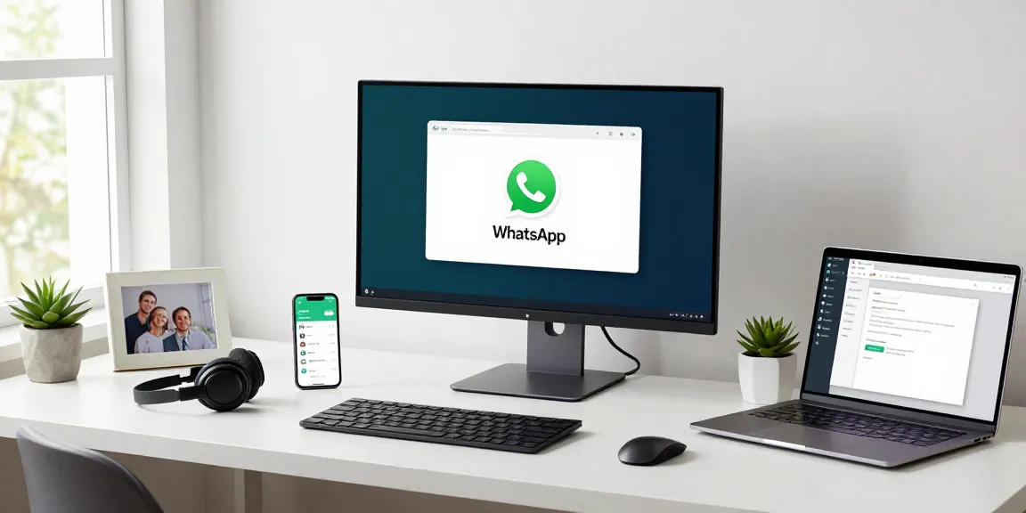Professional workspace showcasing WhatsApp電腦版 on a large screen with ambient lighting.