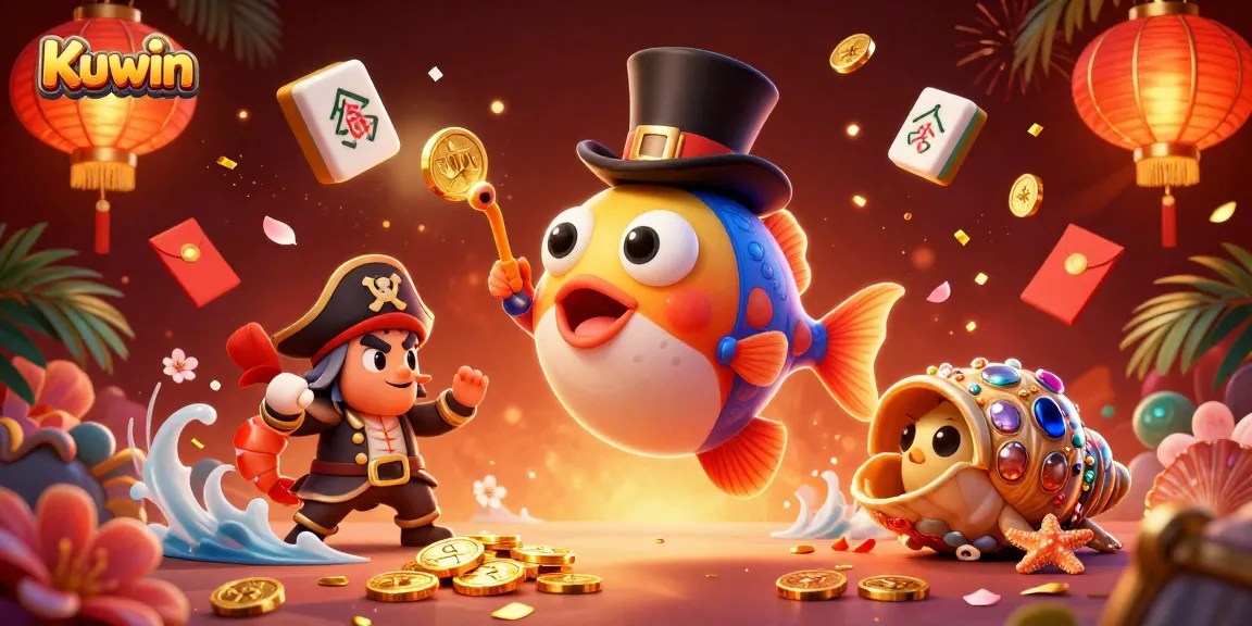 Kuwin presents a dynamic underwater casino scene with an anglerfish attracting gold coins, showcasing vibrant gambling elements.