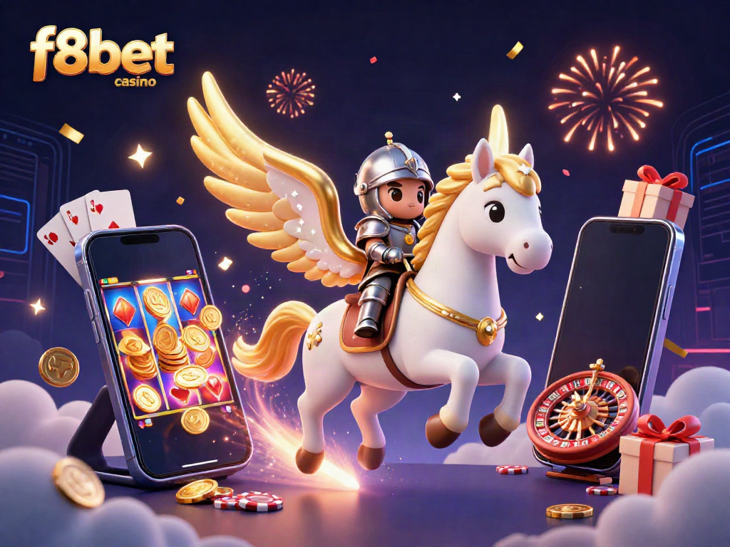 Engage with f8bet casino's vibrant gaming experience featuring golden coins, slot games, and a whimsical celestial scene.