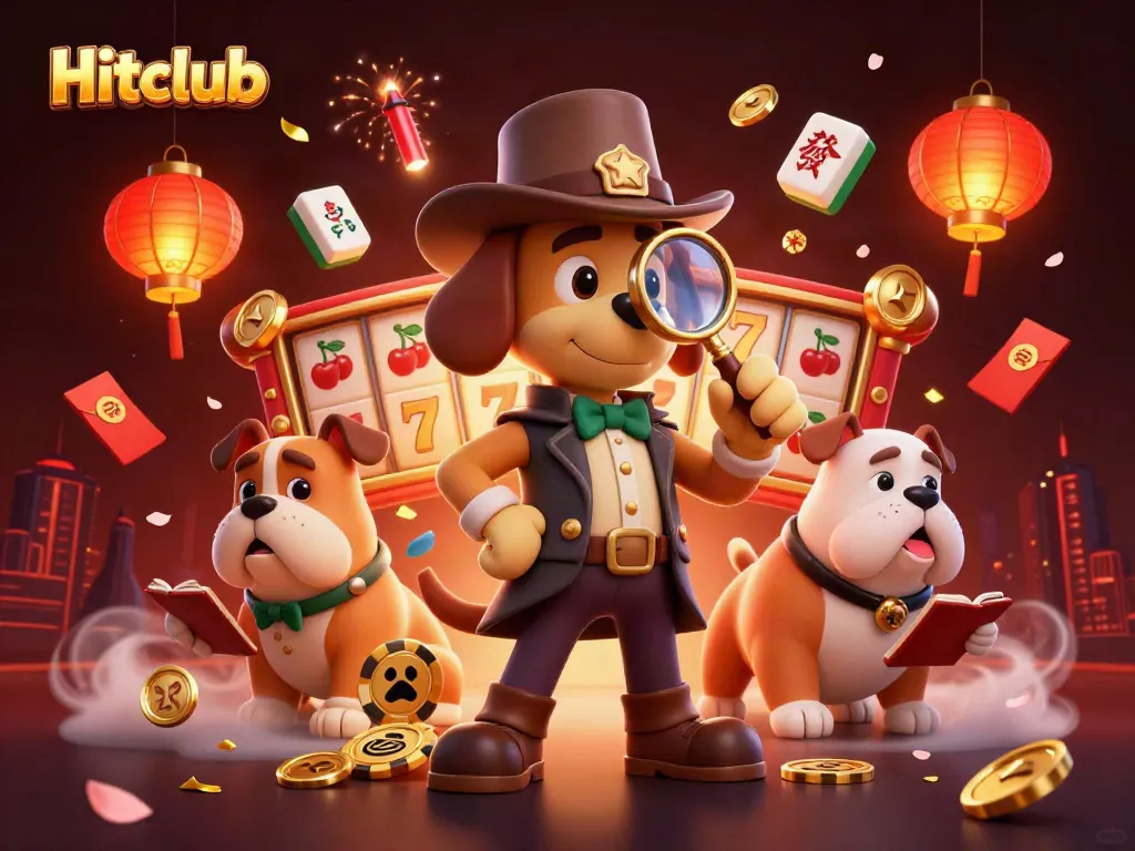 Hitclub detective examines a golden poker chip amidst vibrant casino elements.