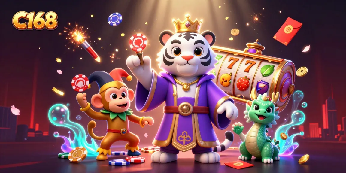 C168 showcases a vibrant scene with a regal tiger, jester monkey, and jade dragon amidst casino elements and fiery celebrations.