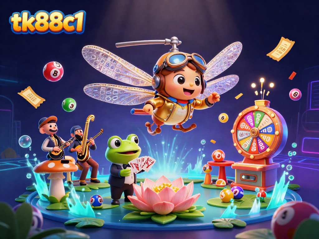 Experience excitement with tk88c1's dynamic casino scene featuring a dragonfly pilot and frog dealer.