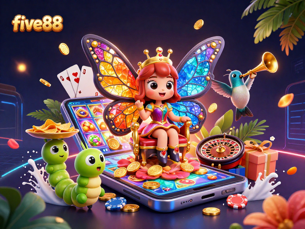 Play colorful slot games and win with five88 in a vibrant, dynamic 3D casino scene.