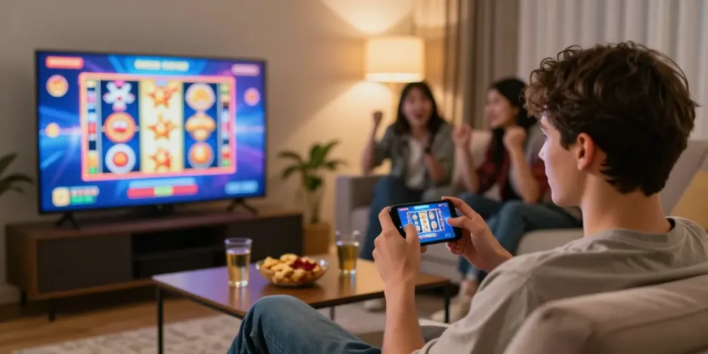 Spannende Unterhaltung bei Casinos, die Itsme nutzen, im modernen Wohnzimmer.