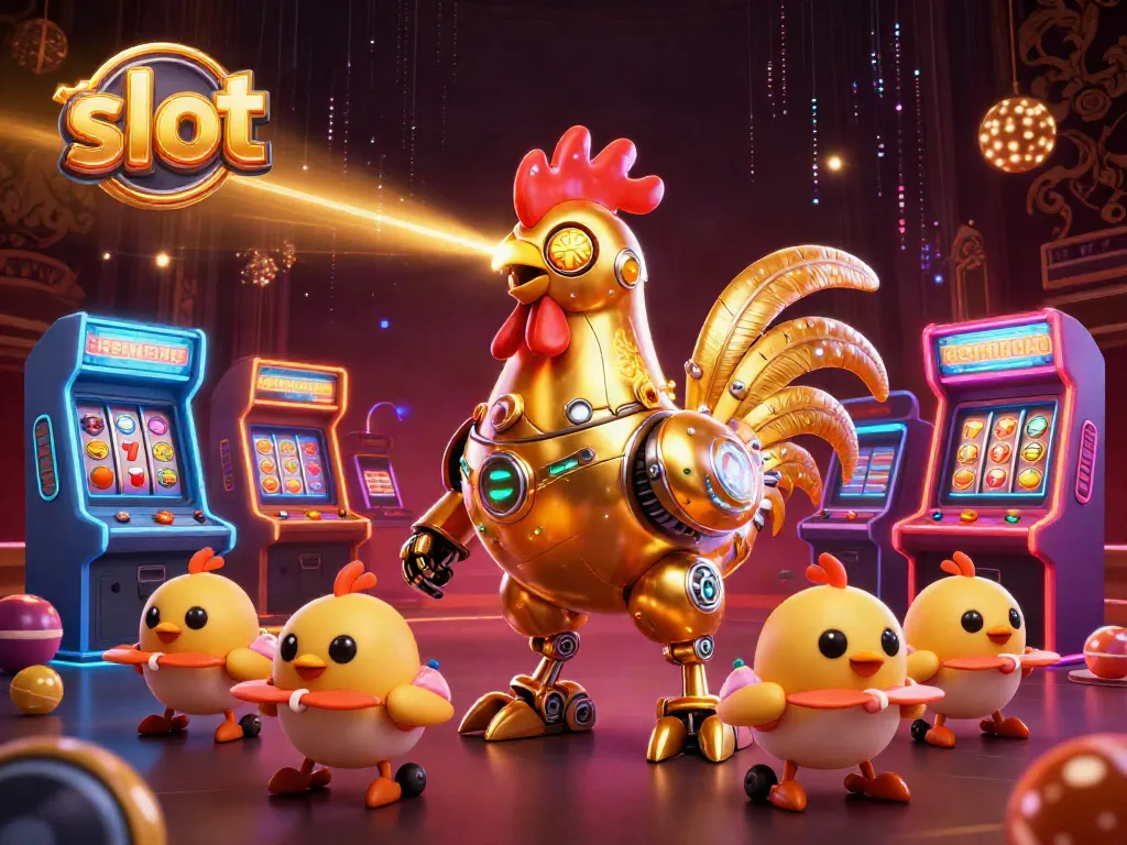 Engage with the slot gaming experience featuring vibrant robots and arcade elements.