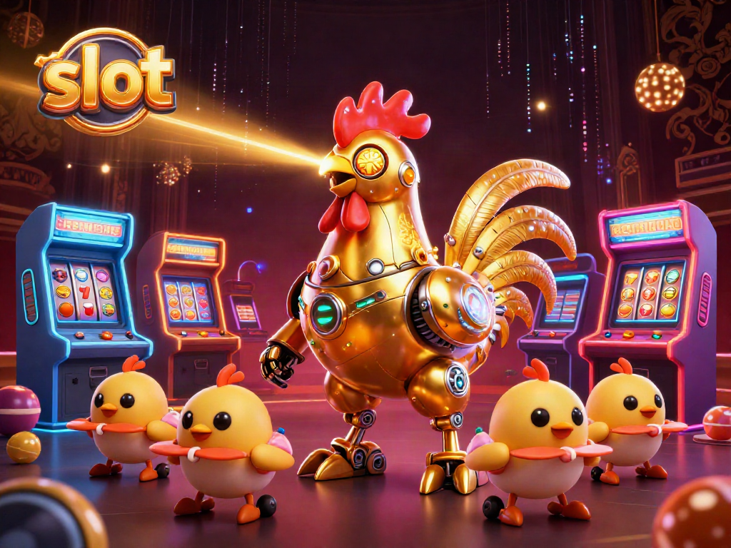 Engage with the slot gaming experience featuring vibrant robots and arcade elements.