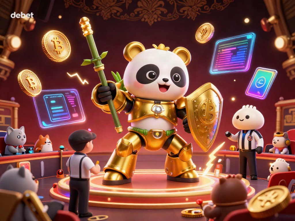Experience the vibrant casino atmosphere with debet as a golden panda battles in a dynamic gaming arena.