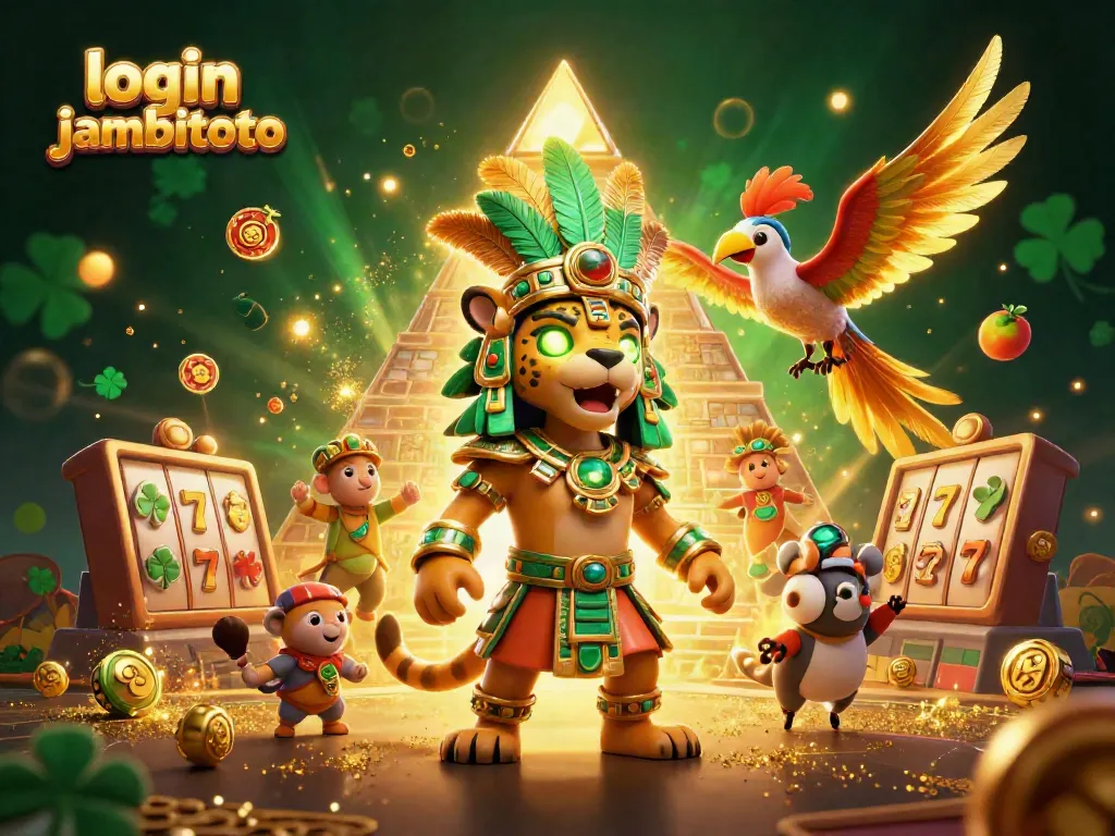 Engage in thrilling gameplay with login jambitoto, featuring a dynamic illustration of a Mayan priest amidst slot machines.