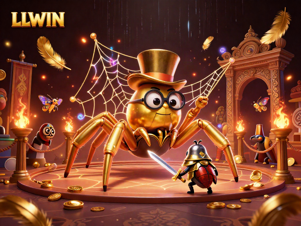LLWIN showcases a vibrant online casino scene with animated golden characters and dynamic gaming elements.