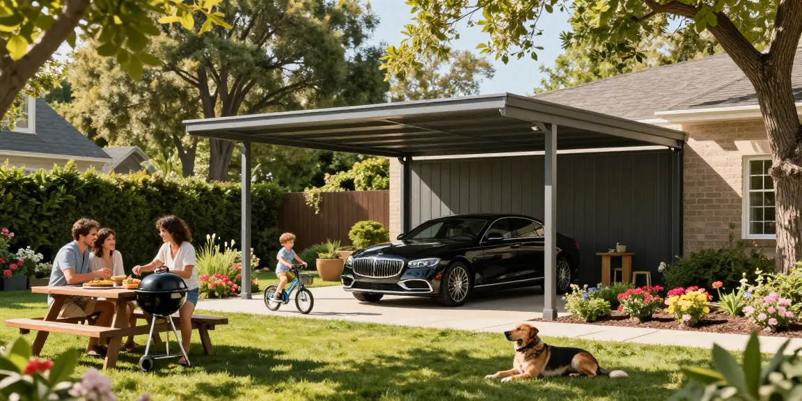 Moderne Carport-Umgebung mit Familie am Grill und Luxusauto im Schatten.