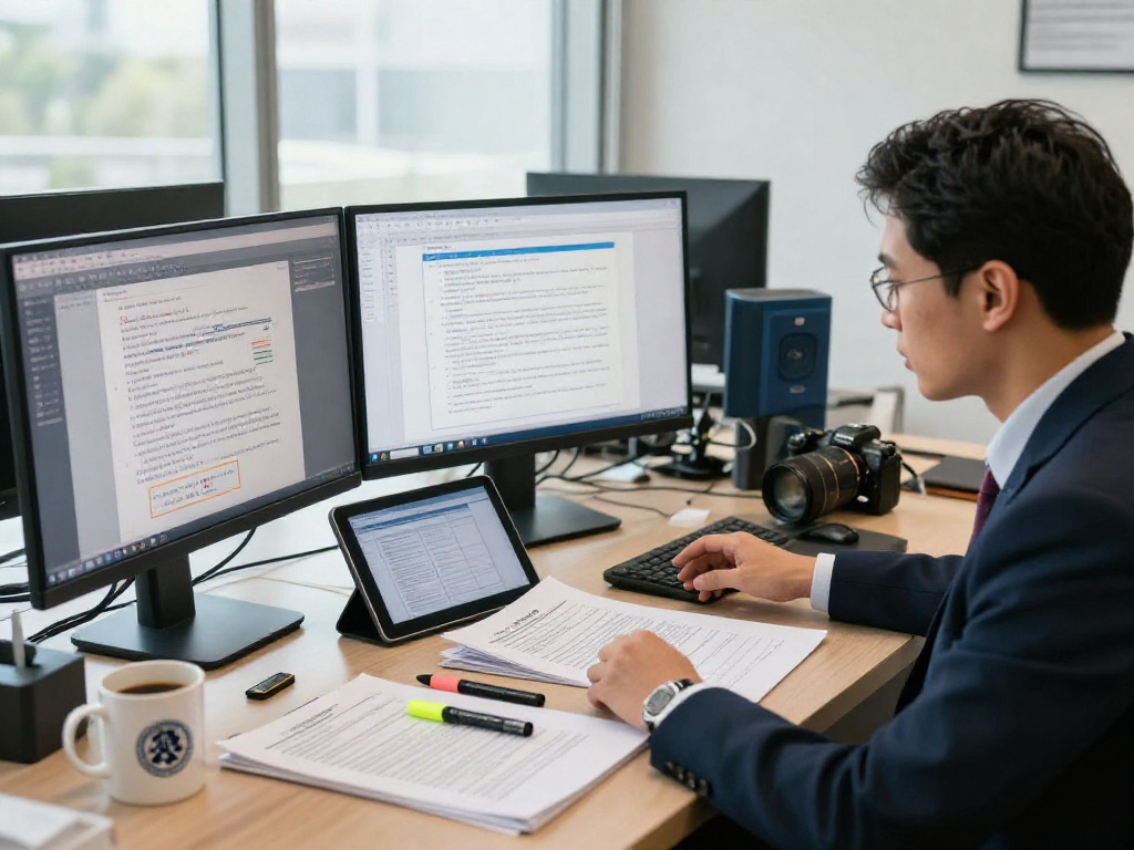 Data analyst focusing on document fraud detection with advanced AI tools and reports in a professional workspace.