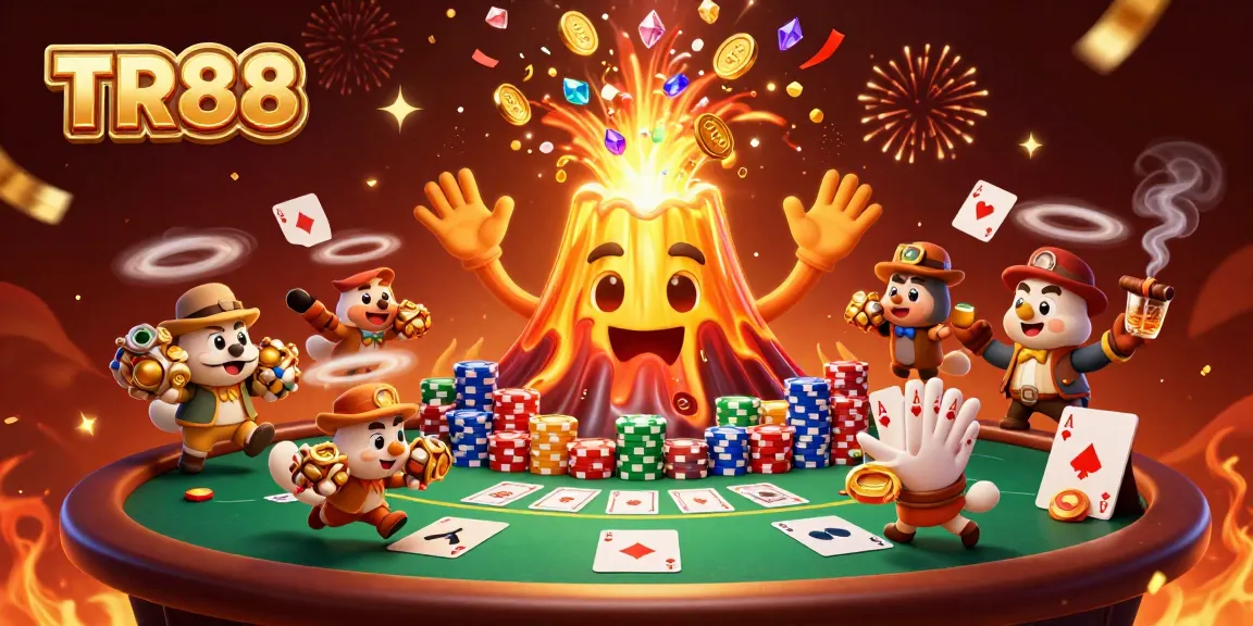 Experience the vibrant TR88 casino world, where golden treasures shine amidst thrilling card games and animated celebrations.