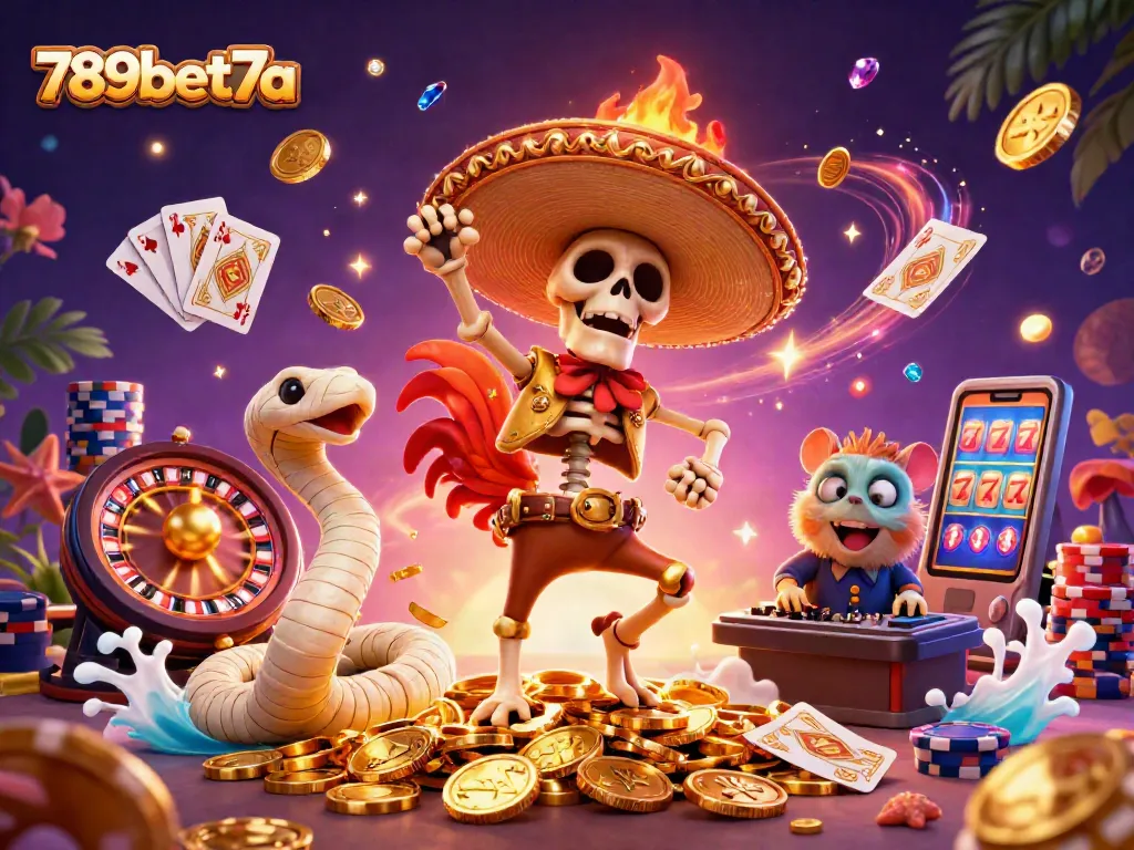 Join the fun with 789bet7a as the dynamic characters celebrate on a treasure of golden coins.