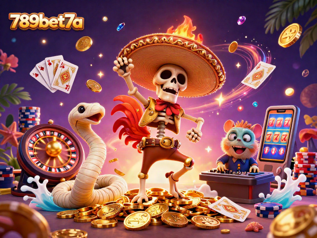 Join the fun with 789bet7a as the dynamic characters celebrate on a treasure of golden coins.
