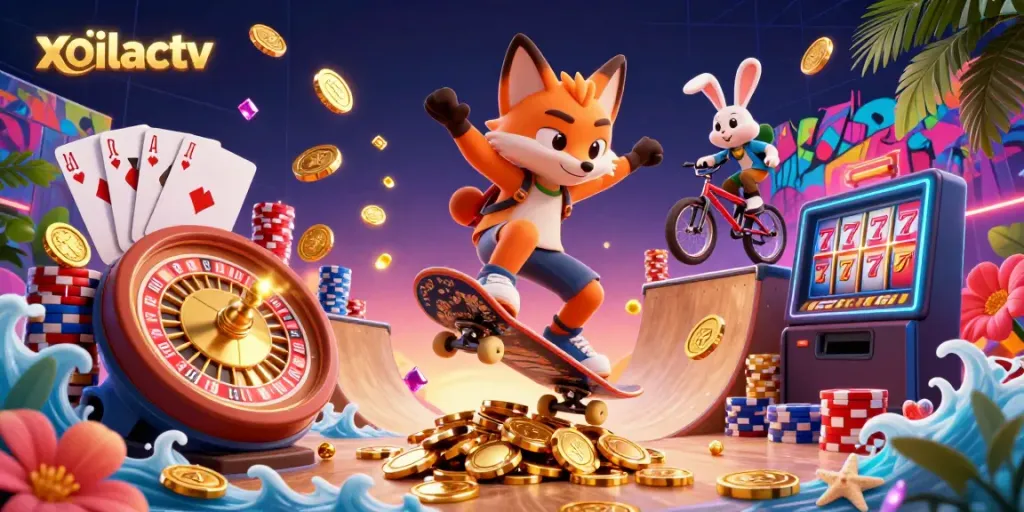 Experience the excitement of xoilactv with a skateboarder fox and BMX rabbit in a vibrant casino-themed scene.