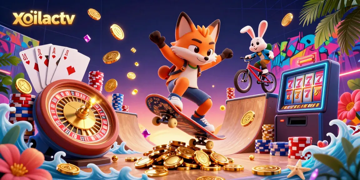Experience the excitement of xoilactv with a skateboarder fox and BMX rabbit in a vibrant casino-themed scene.