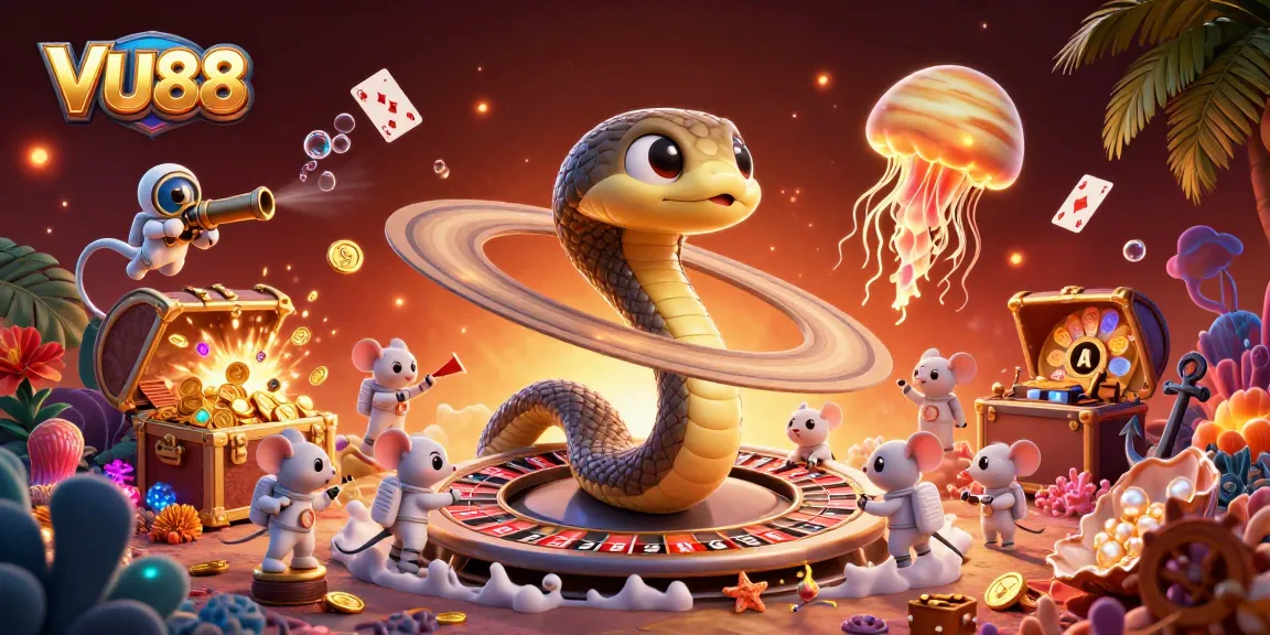 Experience the thrill of VU88 with a cosmic dealer and vibrant gambling characters.