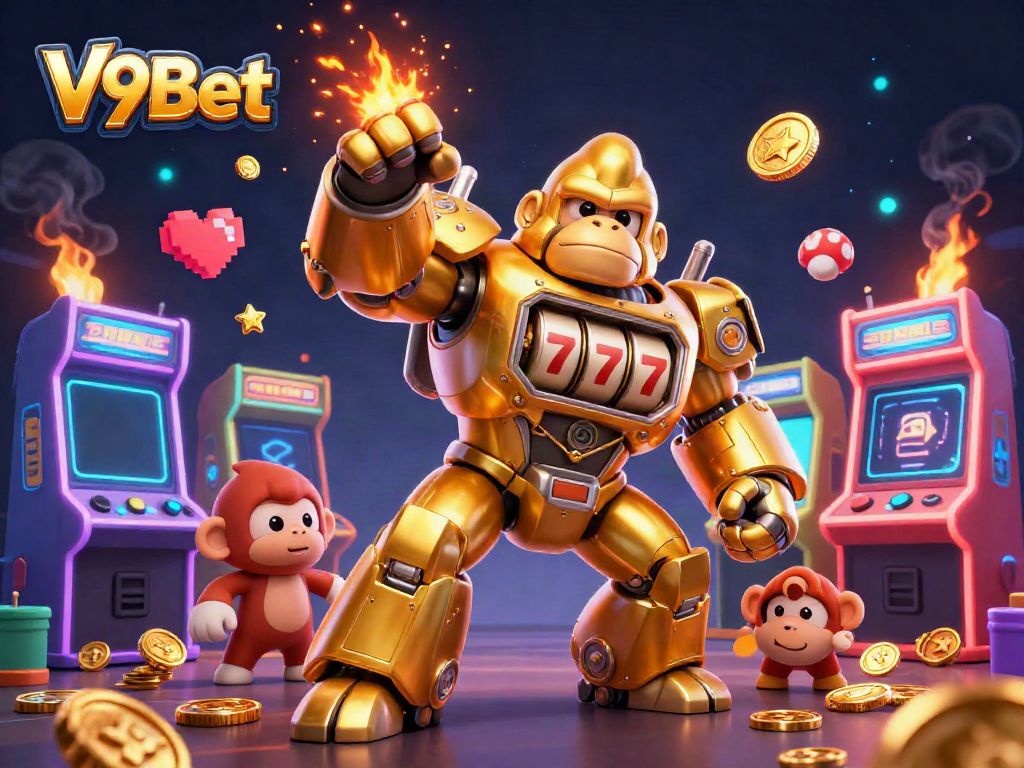 Experience high-stakes gaming with V9Bet's golden gorilla mech and dynamic casino elements.