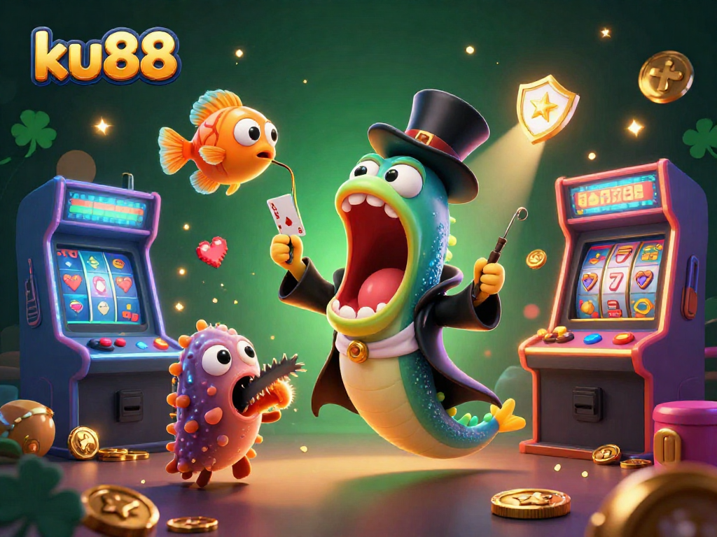 Experience excitement at ku88 with vibrant 3D characters and casino gaming elements in a magical scene.