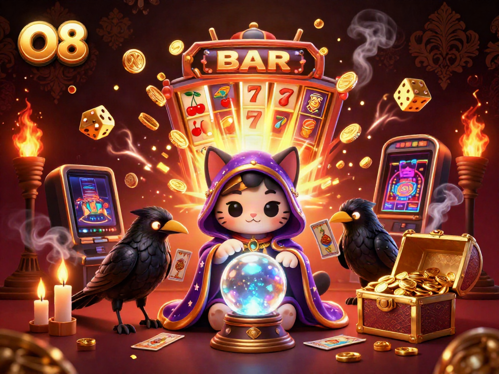 O8's dynamic gaming scene with a fortune teller cat, raven, and dazzling slot machine elements.