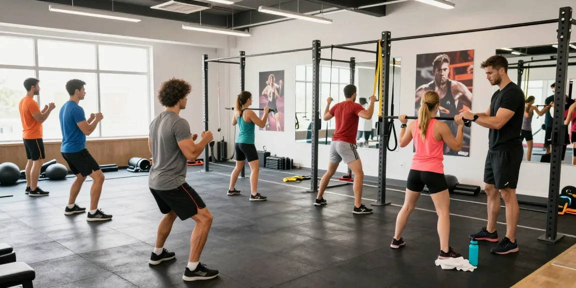 Aktivsportler im Selliza Shop Fitnessstudio mit Gewichten und Trainer, motivierende Trainingsatmosphäre.