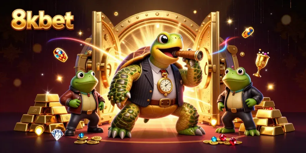 Experience excitement at 8xbet featuring a snapping turtle in a mobster suit with dazzling casino elements.