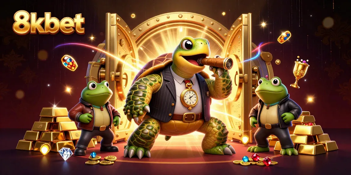 Experience excitement at 8xbet featuring a snapping turtle in a mobster suit with dazzling casino elements.