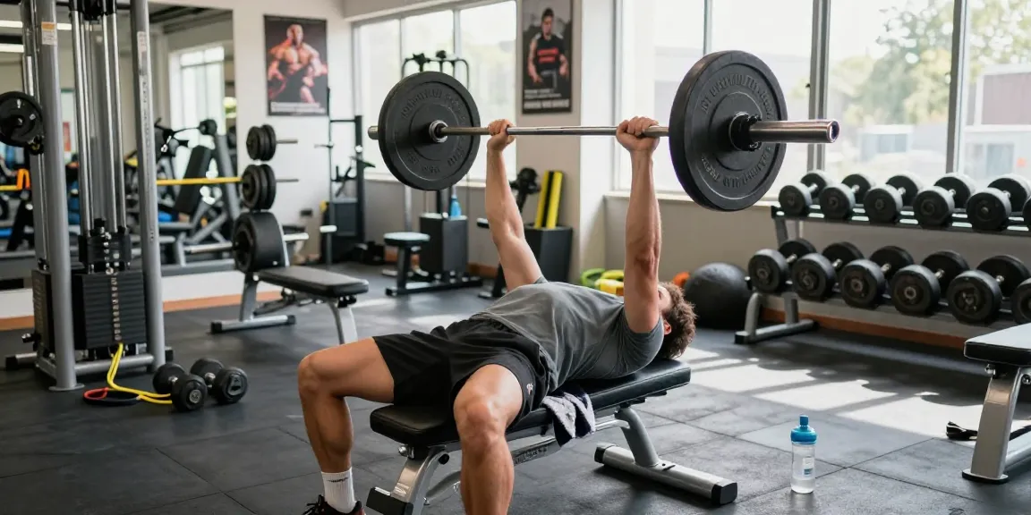 Anabolika Shop: Bodybuilder beim Bankdrücken im Fitnessstudio mit motivierender Atmosphäre.