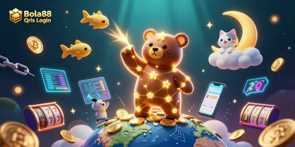 Bola88 Qris Login illustration featuring a constellation bear, coins, and vibrant casino elements.