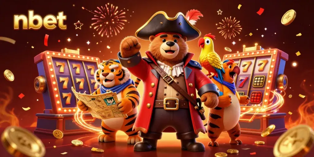 Experience the thrill of nbet with a vibrant 3D scene featuring animated casino characters and slot elements.