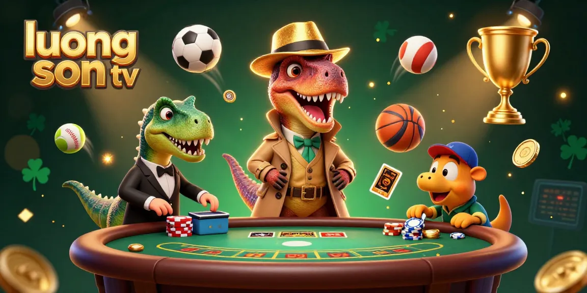 luong son tv showcases a casino scene with a velociraptor card counter, sports balls, and vibrant elements.