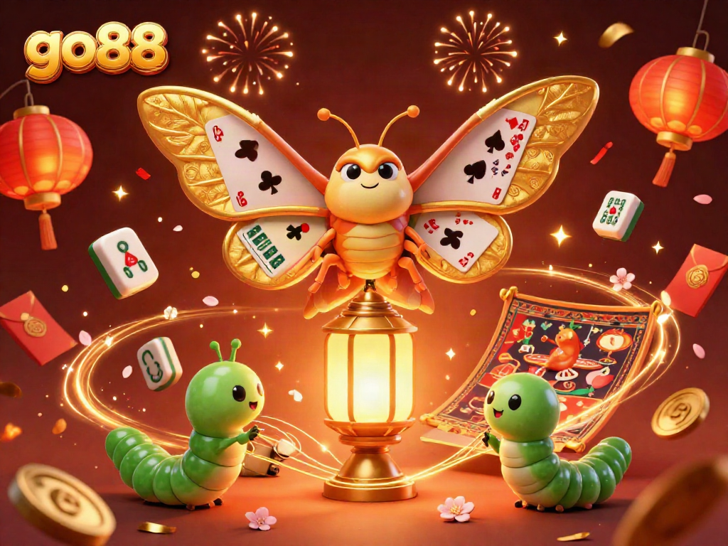 Join the excitement at Go88 with a vibrant illustration featuring a golden moth and dynamic casino elements.