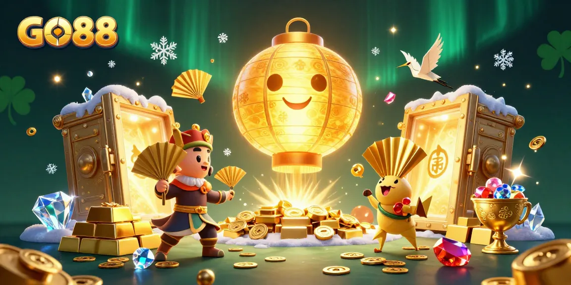 Engage with the vibrant GO88 casino scene featuring gold treasures and enchanting characters.