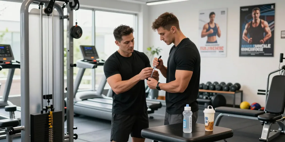 Koi tesamorelin Canada showcased in a dynamic gym scene with an athlete injecting for muscle recovery and health.
