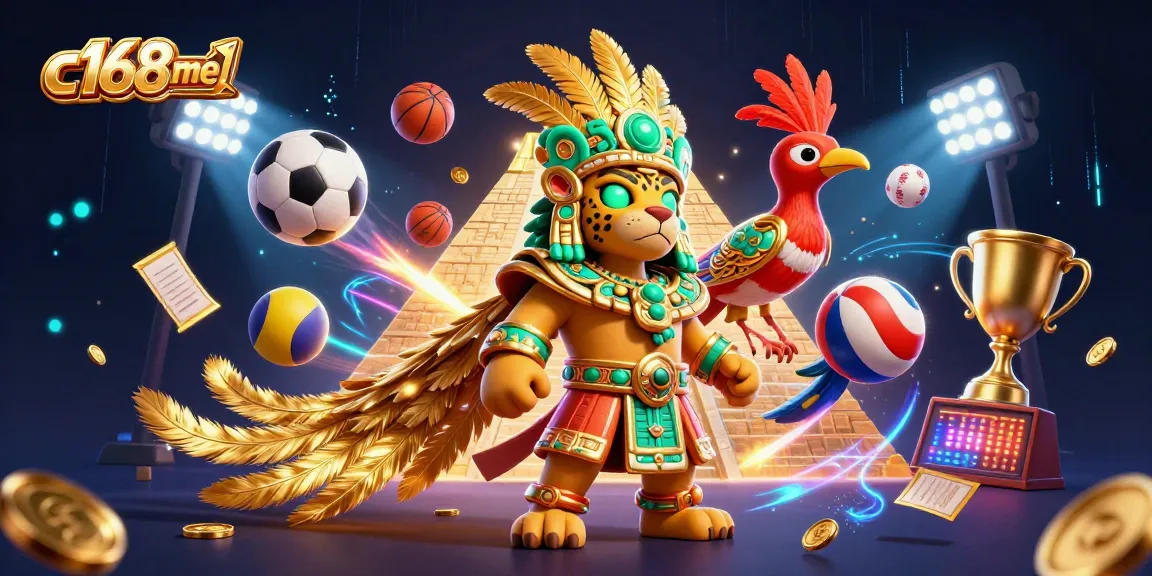 c168me engages players with a vibrant 3D casino illustration of a Mayan jaguar priest amidst sports betting elements.