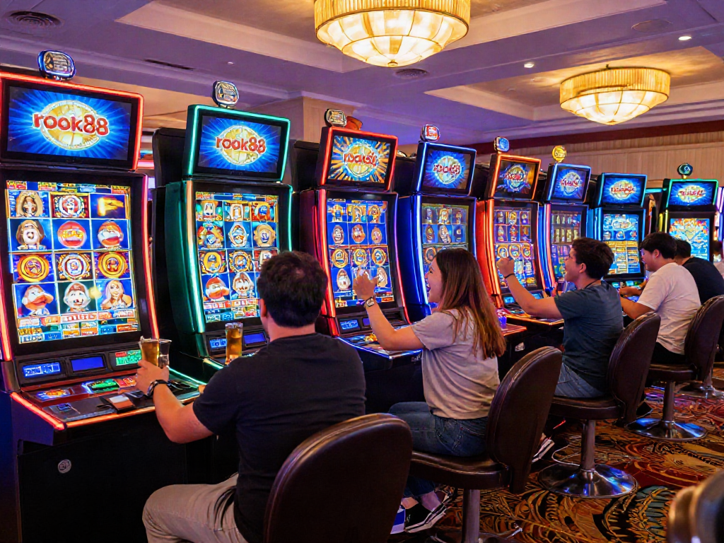 Celebratory moment at rokok88 slot machine on a lively casino floor with friends.