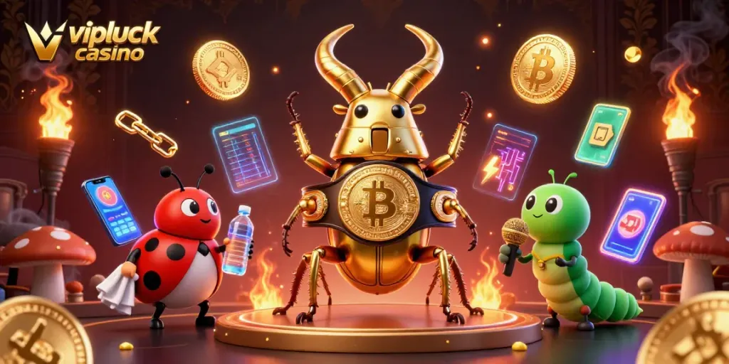 Engage with the vibrant scene of vipluck casino showcasing a golden stag beetle in a boxing match surrounded by crypto elements.