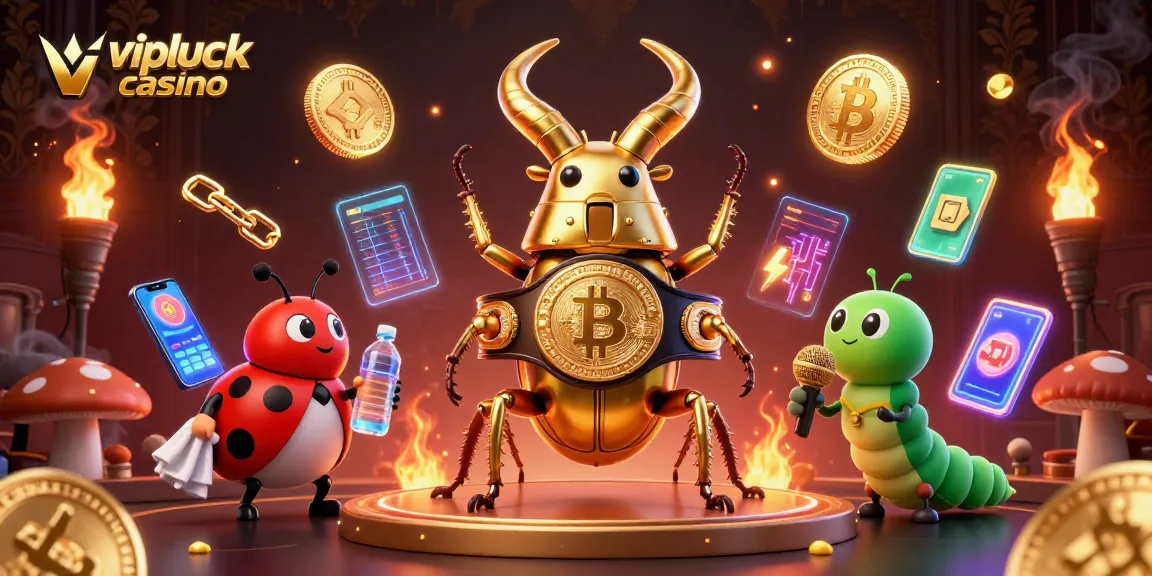 Engage with the vibrant scene of vipluck casino showcasing a golden stag beetle in a boxing match surrounded by crypto elements.