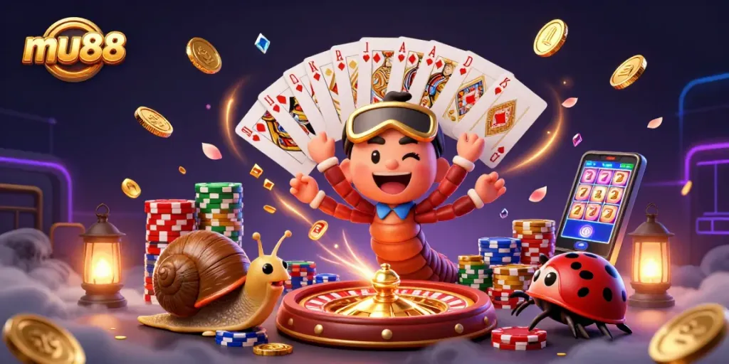 Spin and win with mu88's engaging 3D casino scene featuring animated characters, chips, and cards!