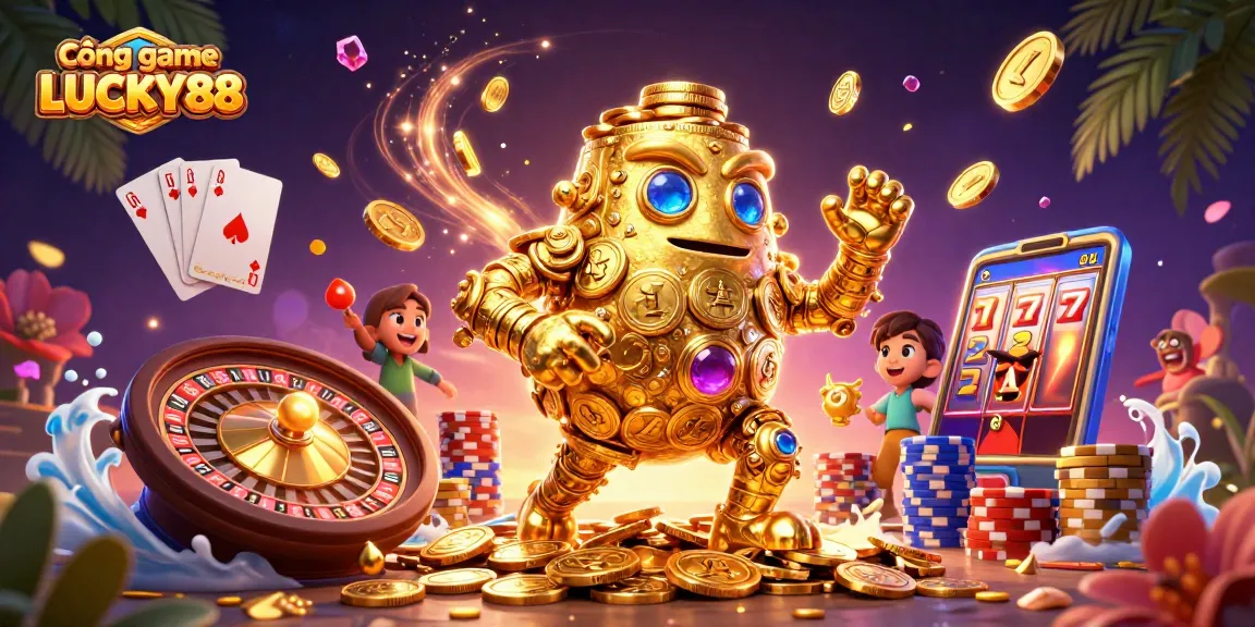Cổng game LUCKY88 showcases a dynamic 3D illustration featuring a golden golem amidst vibrant casino elements, engaging users effectively.