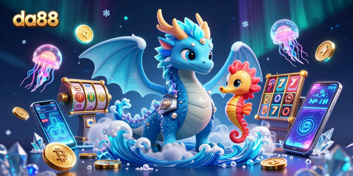 Engage with da88's colorful world of slot machines and crypto, featuring an ocean dragon and knight.