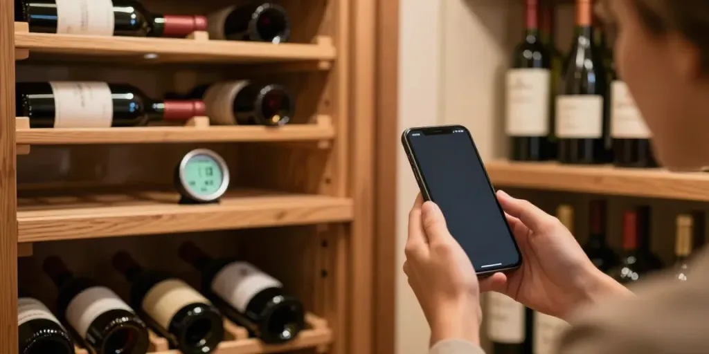 Wein scannen App: Nutzer erfasst Weinflasche mit Smartphone in modernem Weinkeller.