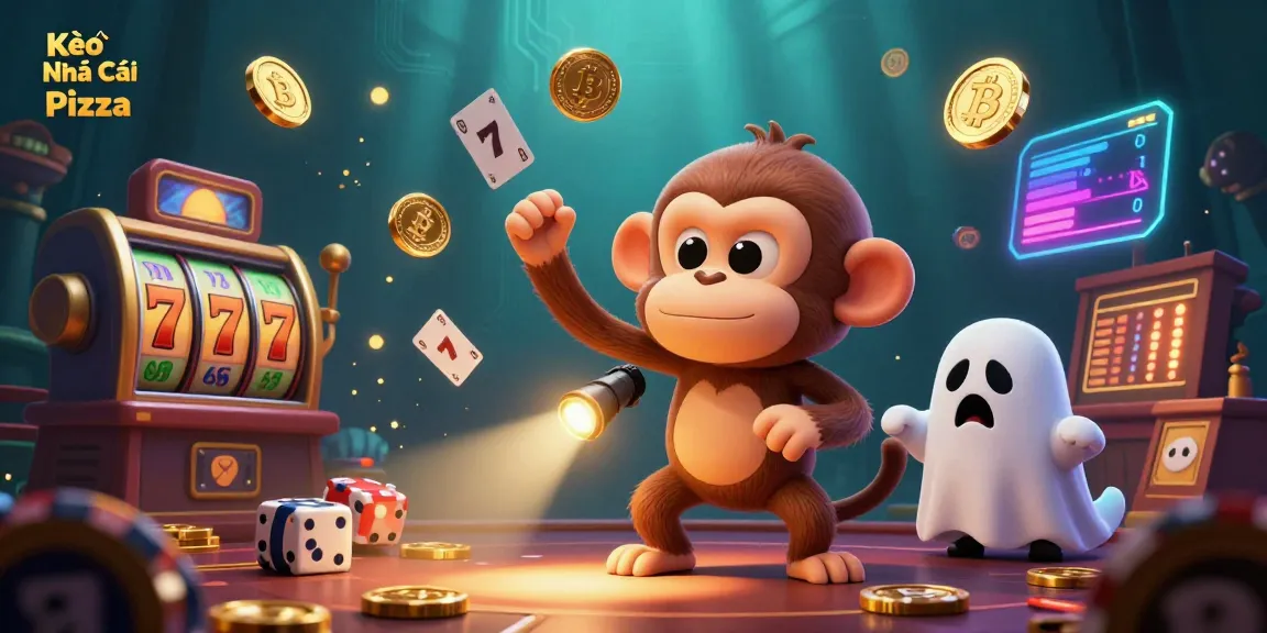 Kèo Nhà Cái Pizza engages players with a lively 3D casino scene featuring a mischievous monkey and a curious puppy.